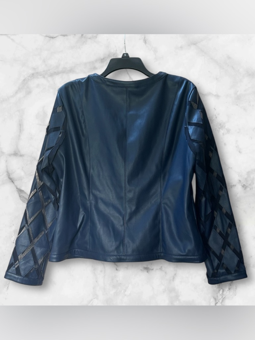 Colleen Lopez Navy Blue Faux Leather & Mesh Diamond Cutout Jacket Size L - Picture 4 of 10